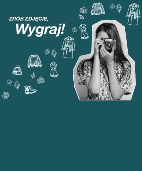 Konkurs fotograficzny z kobietą z aparatem oraz ilustracjami jesiennej mody